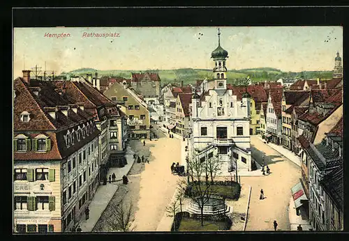 AK Kempten, Rathausplatz mit Kirche und Brunnen