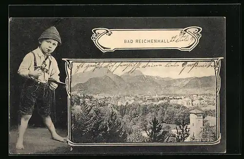 AK Bad Reichenhall, Teilansicht, Junge in Tracht, Passepartout