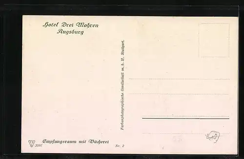 AK Augsburg, Hotel Drei Mohren, Empfangsraum mit Bücherei, Innenansicht