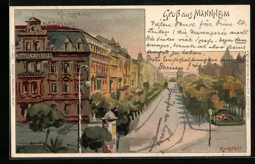 Künstler-AK Mannheim, Strasse Kaiserring mit Hotel National