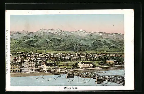 Goldfenster-AK Rosenheim, Teilansicht mit Brücke