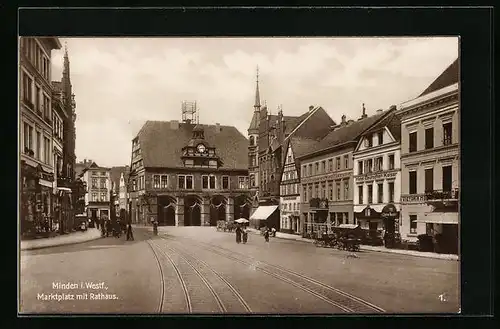 AK Minden i. Westf., Marktplatz mit Hotel Deutscher Kaiser, Hotel Restaurant Stadt Hannover und Rathaus