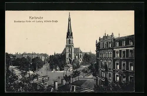AK Karlsruhe, Bernhardus-Kirche und Ludwig Wilhelm-Strasse mit Strassenbahn