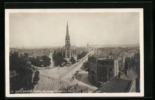 AK Karlsruhe, Partie am ehemaligen Durlacher Tor mit Kirche