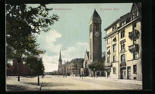 AK Karlsruhe, Durlacher Allee mit Geschäft und Kirche