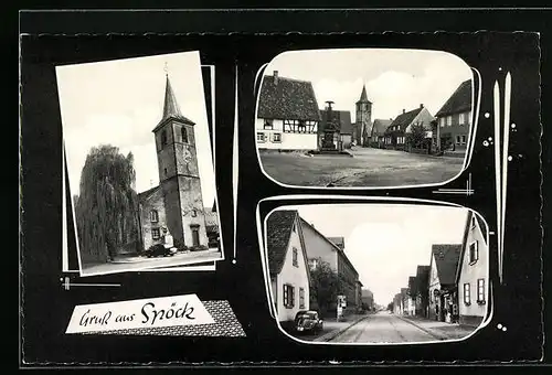 AK Spöck, Strassenpartie mit Geschäft, Kirche, Denkmal