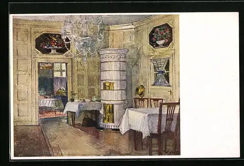 Künstler-AK Karlsruhe, Restaurant Künstlerhaus, Innenansicht