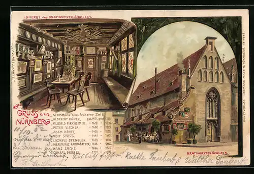 Künstler-AK Erwin Spindler: Nürnberg, Gasthaus Bratwurstglöcklein, Innenansicht