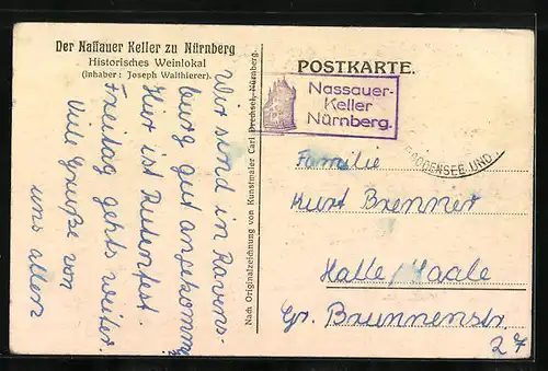 AK Nürnberg, Gasthaus Nassauer Keller, Innenansicht