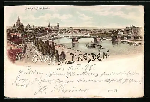 Lithographie Dresden, Gesamtansicht mit Albertbrücke und Flusspartie