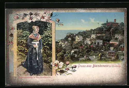 AK Hamburg-Blankenese, Gesamtansicht, Blankeneserin in Nationaltracht