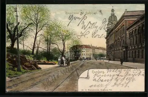 Lithographie Hamburg-Neustadt, Ringstrasse mit Hauptpost