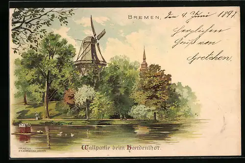 Lithographie Bremen, Wallpartie beim Herdenthor