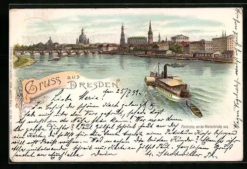 Lithographie Dresden, Gesamtansicht mit Flusspartie und Dampfer