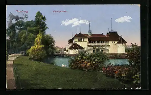 AK Hamburg, Alsterpartie mit Bootshaus Ruderclub Allemannia 1866