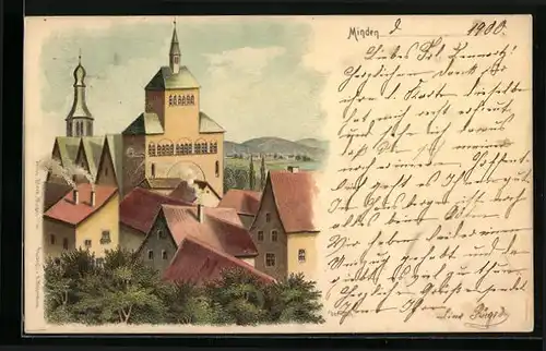 Lithographie Minden, Blick zur Kirche