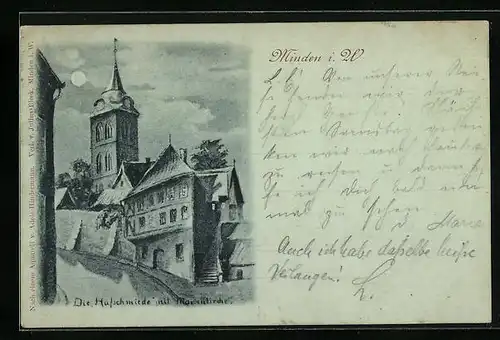 Mondschein-AK Minden i. W., Hufschmiede mit Marienkirche