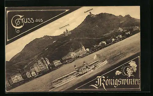 AK Königswinter, Gesamtansicht mit Dampfer und Flusspartie, Drachenburg und Drachenfels