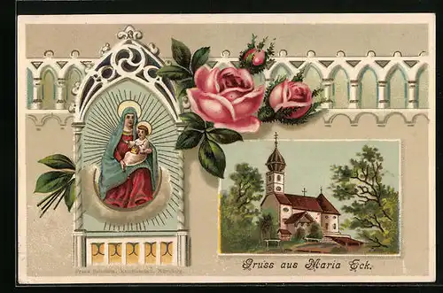 Präge-AK Maria Eck, Kirche mit blütenden Rosen