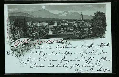 Mondschein-Lithographie Traunstein, Totalansicht mit Kirchturm