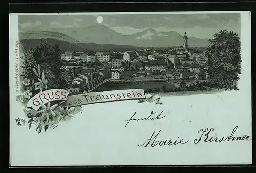 Mondschein-Lithographie Traunstein, Totalansicht mit Kirchturm