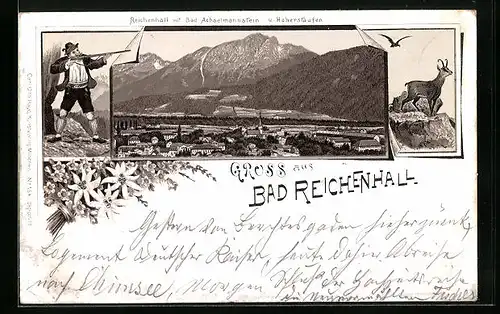 Lithographie Bad Reichenhall, Totalansicht mit Bad Aschelmannstein und Hohenstaufen, Jäger