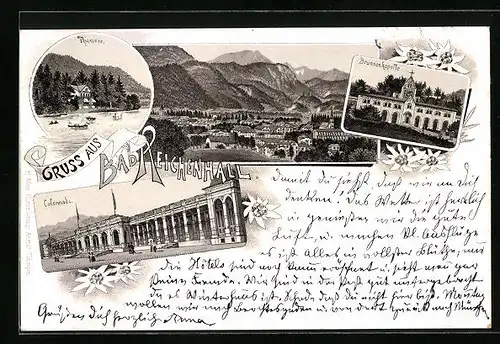 Lithographie Bad Reichenhall, Totalansicht mit Colonnade und Brunnenkapelle