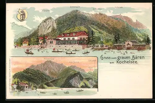 Lithographie Kochelsee, Hotel Grauer Bär mit Kienstein, Sonnenspitz, Gemsstein und Jocheralm