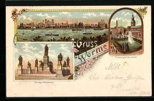Lithographie Worms, Totalansicht mit Lutherdenkmal, Ludwig IV. Denkmal