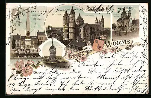 Lithographie Worms, Ludwig-Denkmal, Dom, Paulus-Museum, Wasserturm