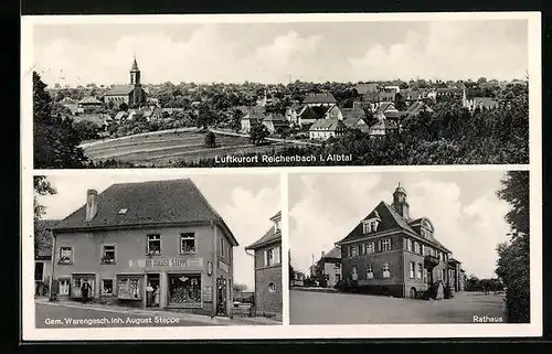 AK Reichenbach / Albtal, Totalansicht, Rathaus, Warengeschäft, Inh. August Steppe