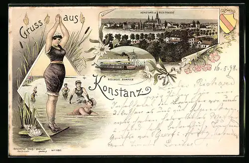 Lithographie Konstanz, Gesamtansicht von der Seestrasse, Boden Dampfer und Schwimmerinnen