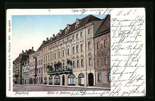 AK Augsburg, Hotel 3 Mohren mit leuchtenden Fenstern