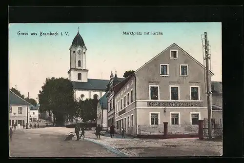AK Brambach i. V., Marktplatz mit Kirche