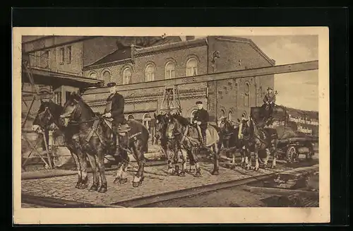 AK Hamburg-Wilhelmsburg, Schlobachwerke, Pferde transportieren Lagerbestände