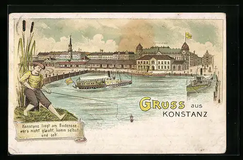 Lithographie Konstanz, Totalansicht mit Dampfer und Reichspost