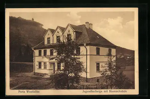 AK Porta Westfalika, Jugenherberge mit Bismarcksäule