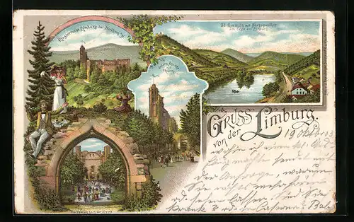 Lithographie Limburg, Klosterruine Limburg, Durchblick nach der Krypta, Innere Ansicht mit Turm