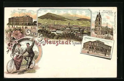 Lithographie Neustadt a. d. Haardt, Totalansicht mit Gymnasium und Marktplatz