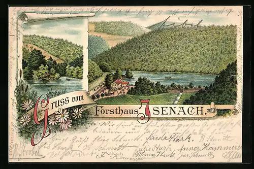 Lithographie Isenach, Totalansicht mit Uferpartie