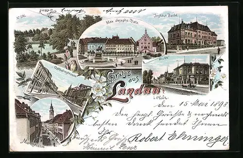 Lithographie Landau, i. Pfalz, Ostbahnstrasse, Marktstrasse, Institut-Becht