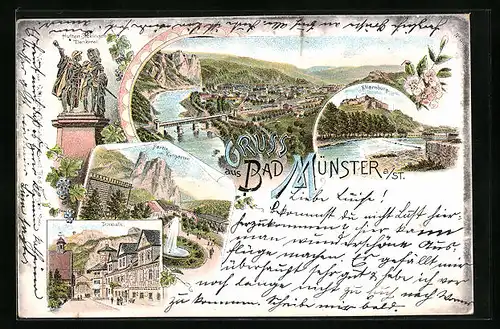 Lithographie Bad Münster a. St., Partie im Kurgarten, Trinkhalle