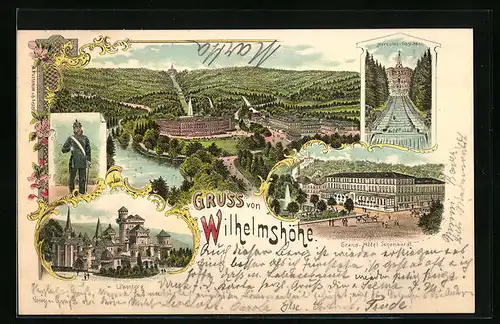 Lithographie Wilhelmshöhe, Totalansicht mit Löwenburg