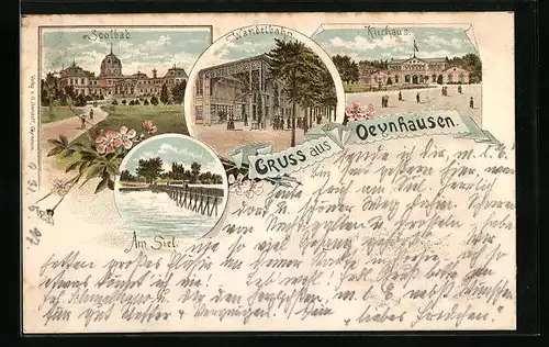 Lithographie Oeynhausen, Kurhaus, Soolbad, Wandelbahn