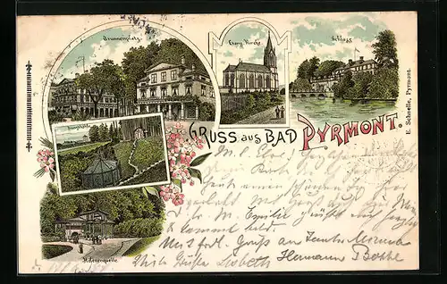 Lithographie Bad Pyrmont, Evang. Kirche, Schloss, Brunnenplatz