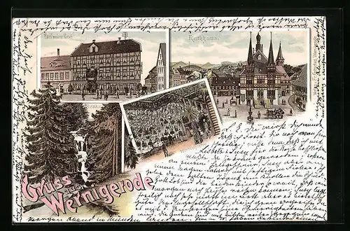 Vorläufer-Lithographie Wernigerode, Rathaus, Wintergarten, Hotel Weisser Hirsch 1895