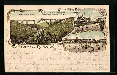 Lithographie Remscheid, Kaiserplatz mit Kriegerdenkmal