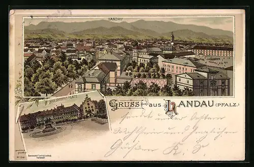 Lithographie Landau /Pfalz, Totalansicht mit Max-Josephs-Platz