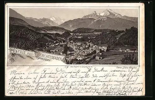 Lithographie Berchtesgaden, Totalansicht mit Bergpanorama