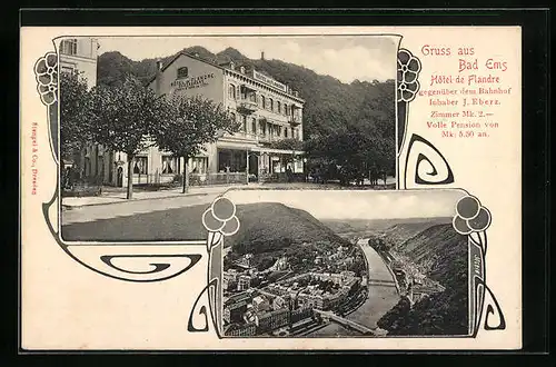 AK Bad Ems, Totalansicht mit Hotel de Flandre